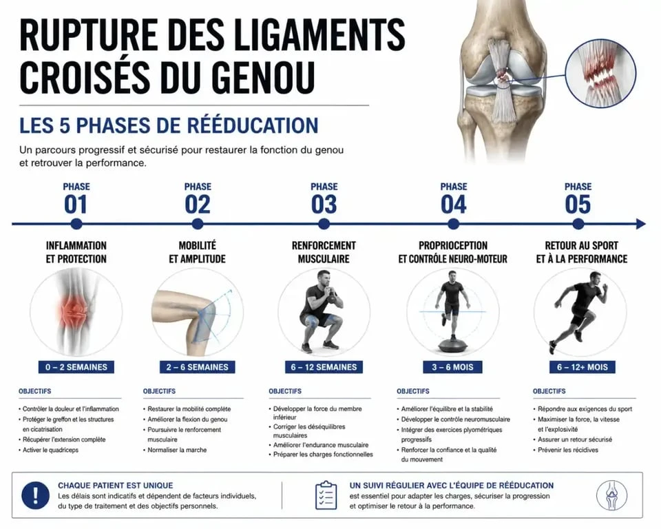 Infographie des 5 phases de rééducation après une rupture des ligaments croisés du genou
