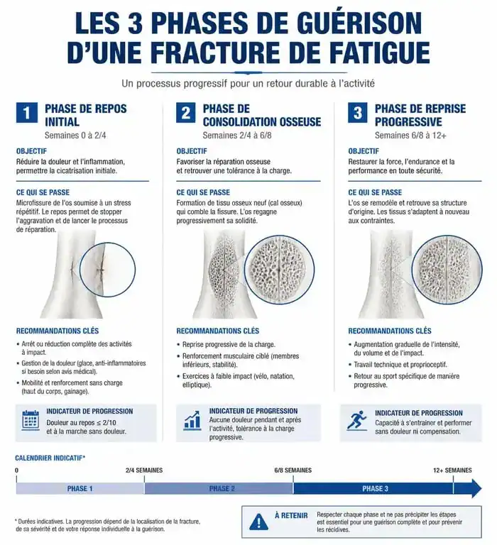 Infographie sur le processus de guérison et les étapes de reprise du travail après une fracture de fatigue
