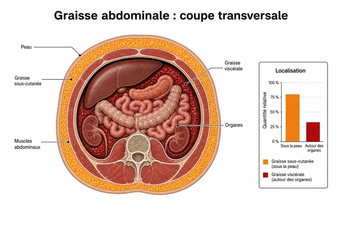 Schéma explicatif de la différence entre graisse sous-cutanée et graisse viscérale pour mieux comprendre comment perdre la graisse viscérale.