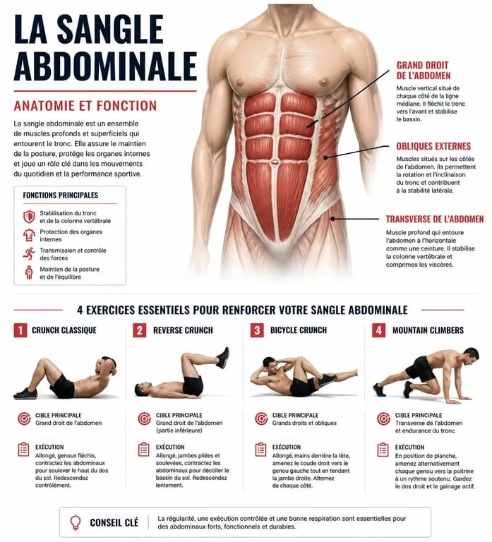 Infographie sur l'anatomie abdominale et les exercices pour le défi 100 abdos par jour