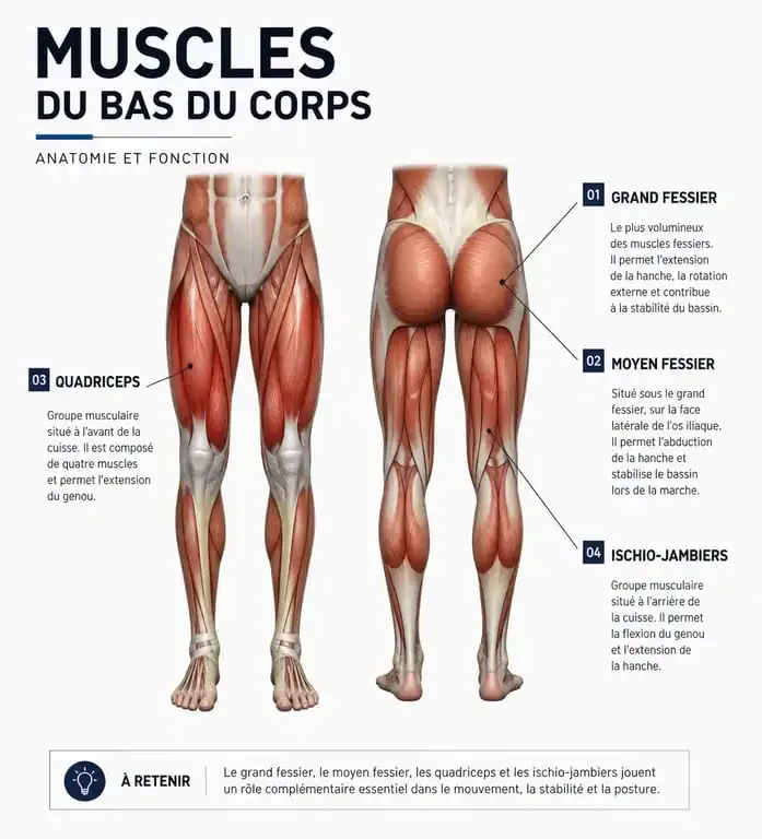Schéma anatomique des muscles pour muscler fesses et cuisses