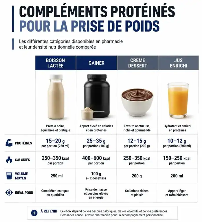 Infographie comparative des compléments protéinés en pharmacie pour la prise de poids et la nutrition clinique.