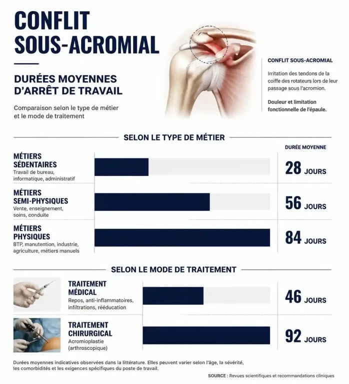 Infographie des durées d'arrêt de travail pour un conflit sous-acromial selon le métier et le traitement