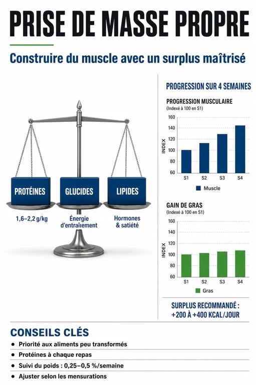 Infographie sur la stratégie de prise de masse propre et répartition des macronutriments pour un gain musculaire sec