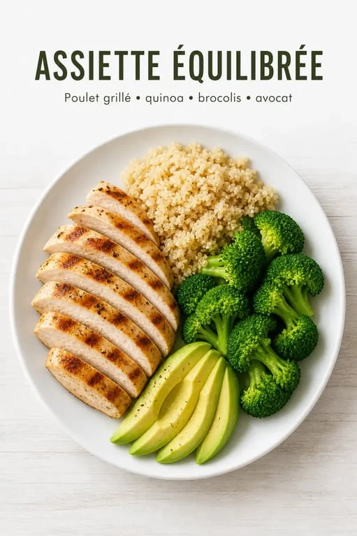 Assiette équilibrée pour un repas riche en protéines avec poulet, quinoa et légumes