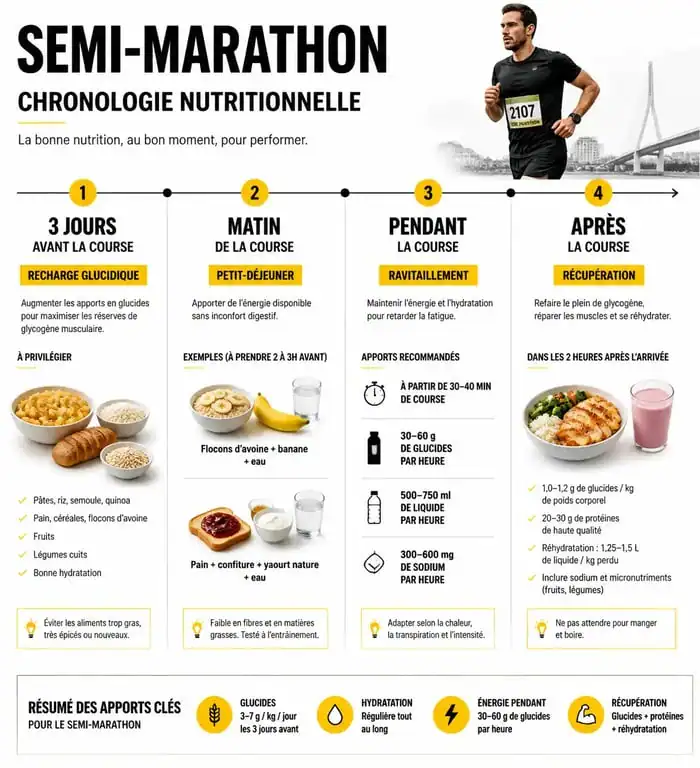 Infographie sur l'alimentation pour un semi marathon : stratégie nutritionnelle avant, pendant et après la course.