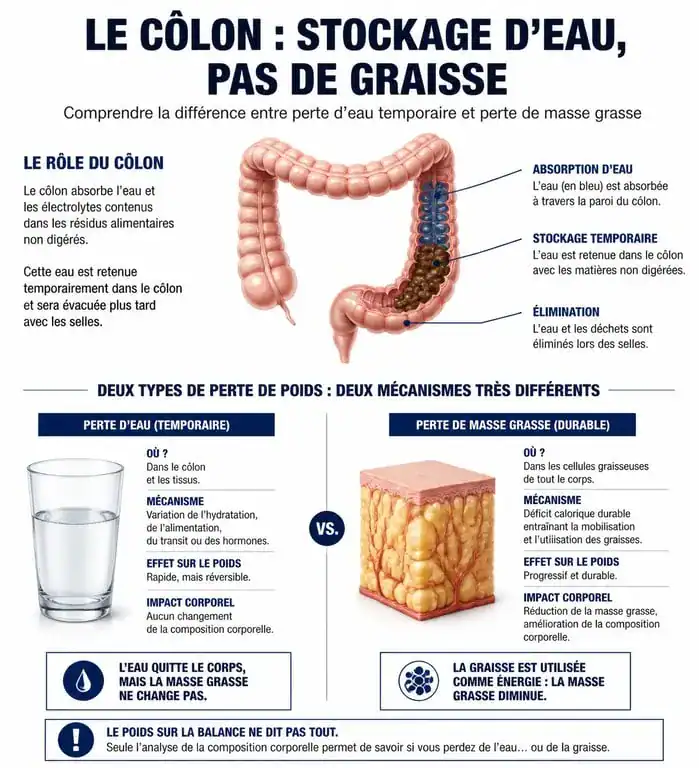 Infographie explicative sur le nettoyage du côlon et la perte de poids réelle
