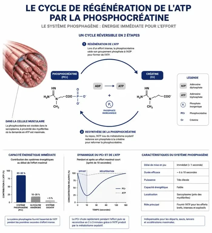 Schéma du mécanisme d'action de la créatine et régénération de l'ATP pour la prise de masse