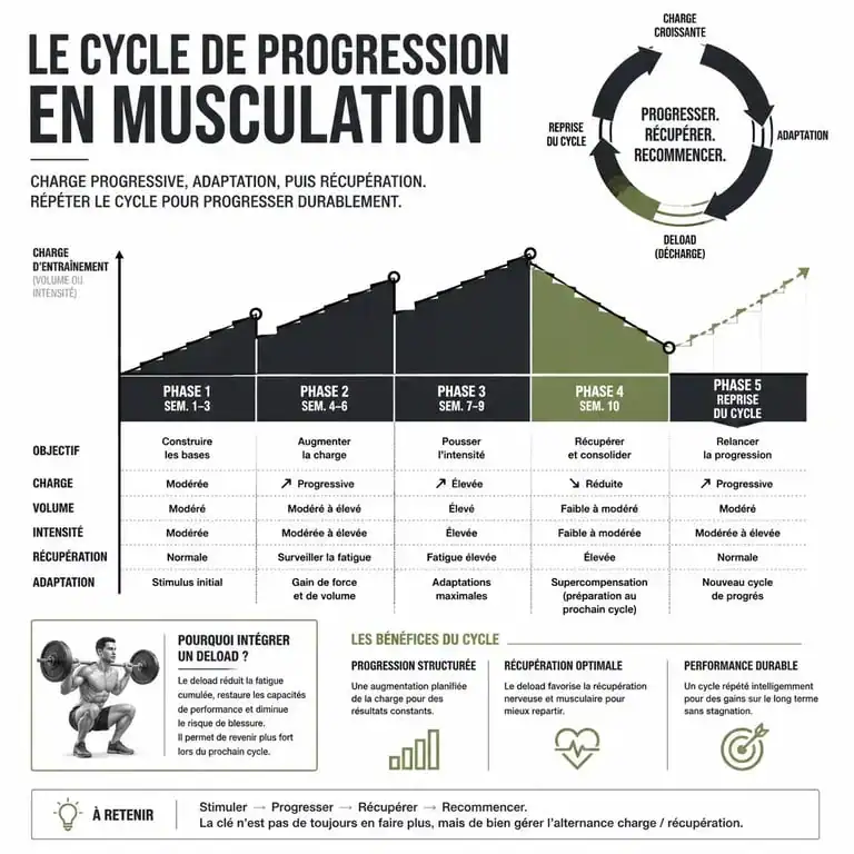 Infographie illustrant le cycle de progression et de récupération en musculation pour maintenir sa motivation