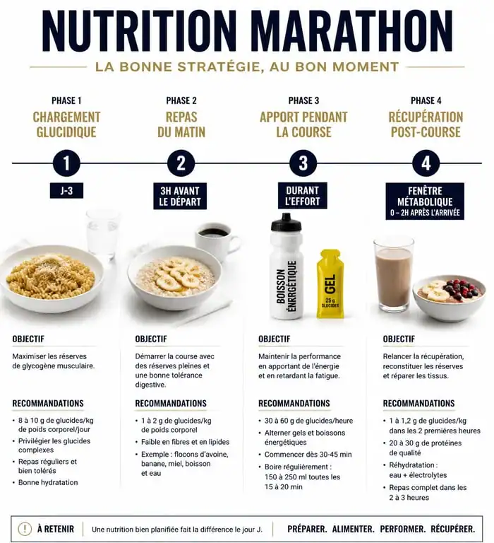 Infographie sur l'alimentation pour un marathon : stratégie nutritionnelle avant, pendant et après la course