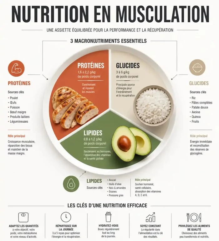 Infographie nutrition pour la musculation : répartition des macronutriments et sources alimentaires