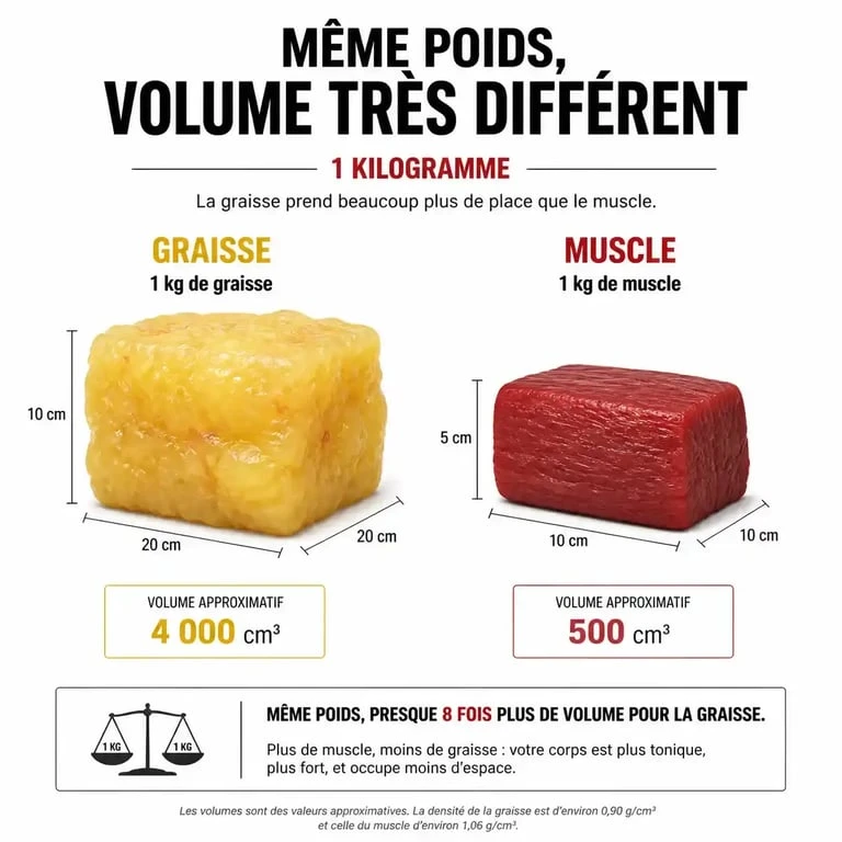 Comparaison visuelle entre 1kg de graisse et 1kg de muscle pour comprendre pourquoi on s'affine sans perdre de poids