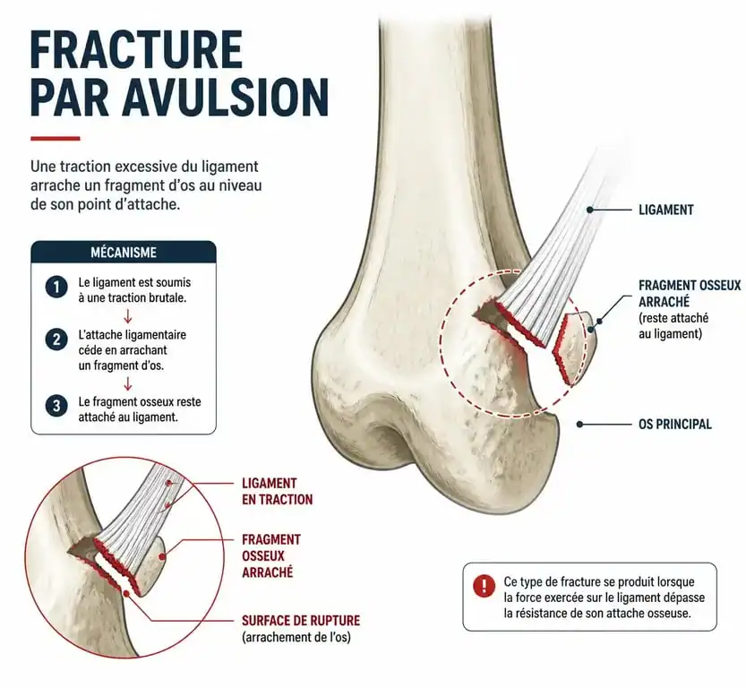 Schéma explicatif du mécanisme d'un arrachement osseux ou fracture par avulsion