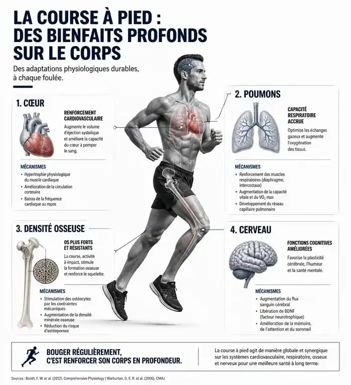 Infographie illustrant les bienfaits de la course à pied sur la santé physique et mentale
