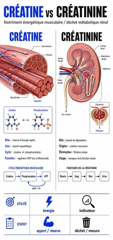 Infographie comparative entre la créatine et la créatinine pour comprendre leurs rôles dans l'organisme