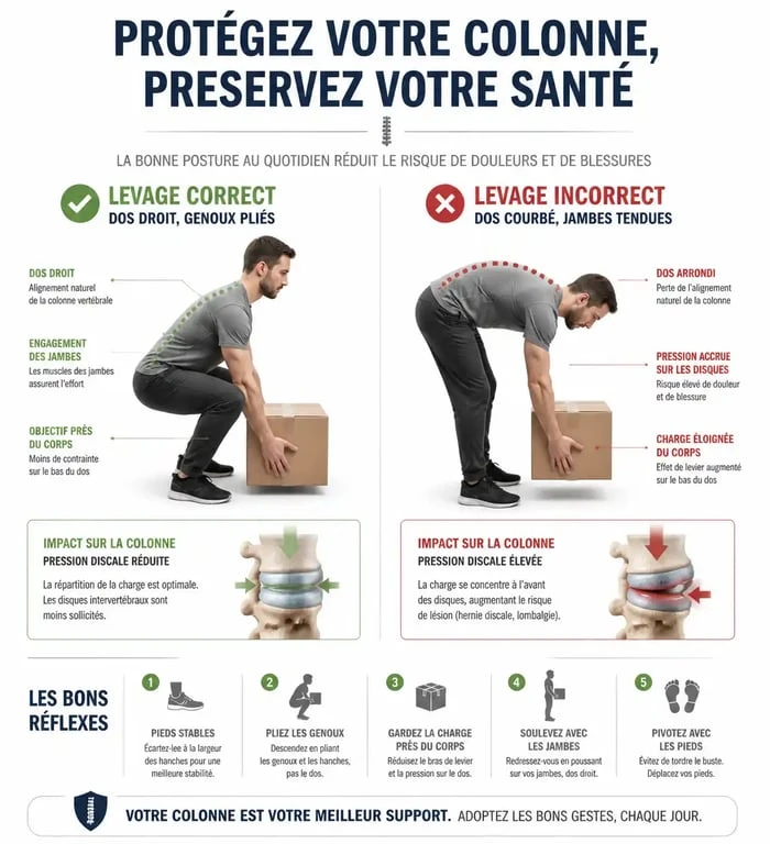 Schéma comparatif des mouvements pour prévenir la hernie discale et protéger le dos