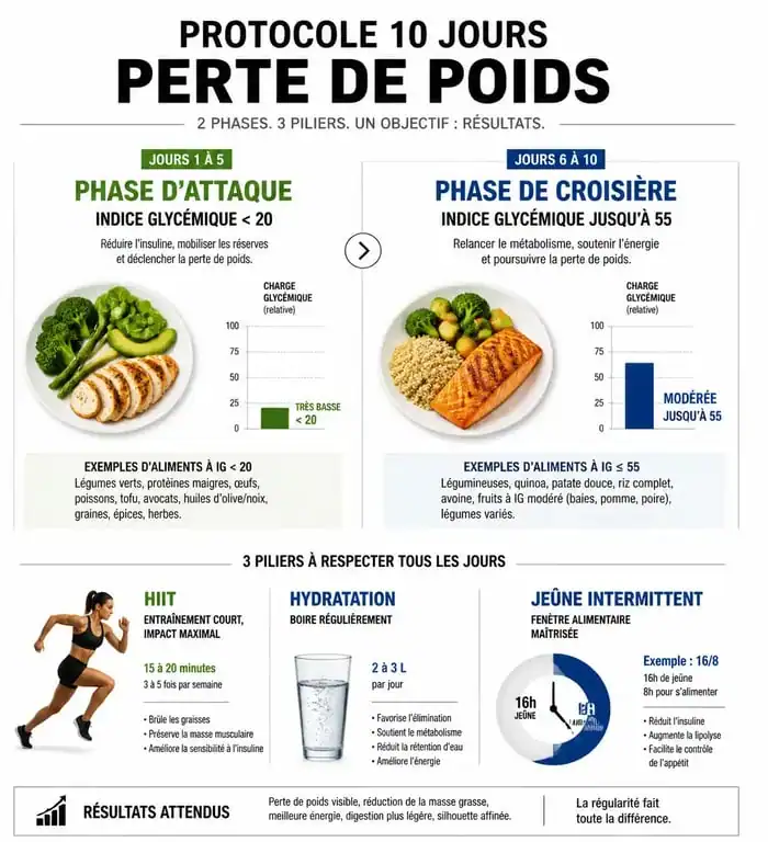 Infographie du programme pour perdre 5 kg en 10 jours : phases, index glycémique et habitudes clés