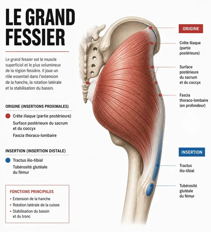 Schéma anatomique du grand fessier pour comprendre comment muscler le grand fessier efficacement