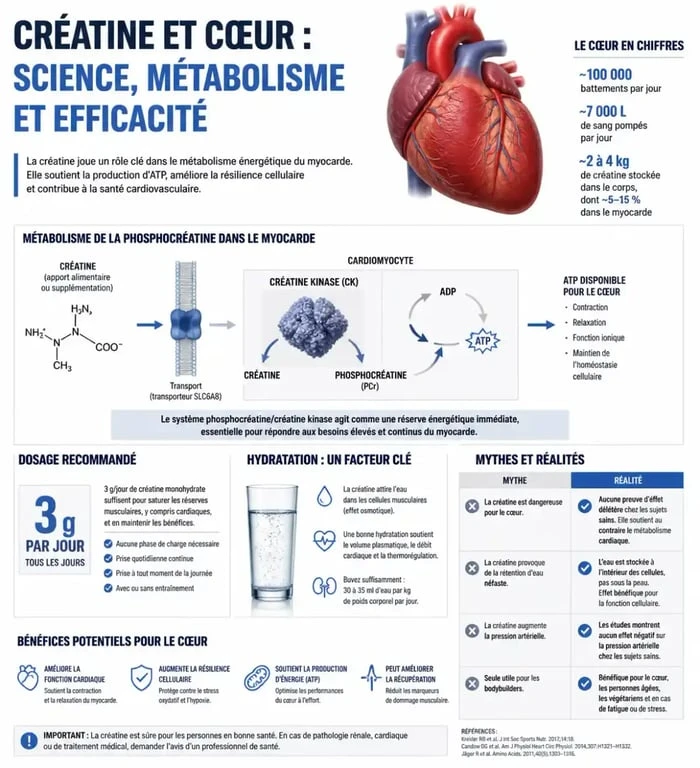 Infographie sur la sécurité cardiaque de la créatine et son rôle dans le métabolisme énergétique du cœur