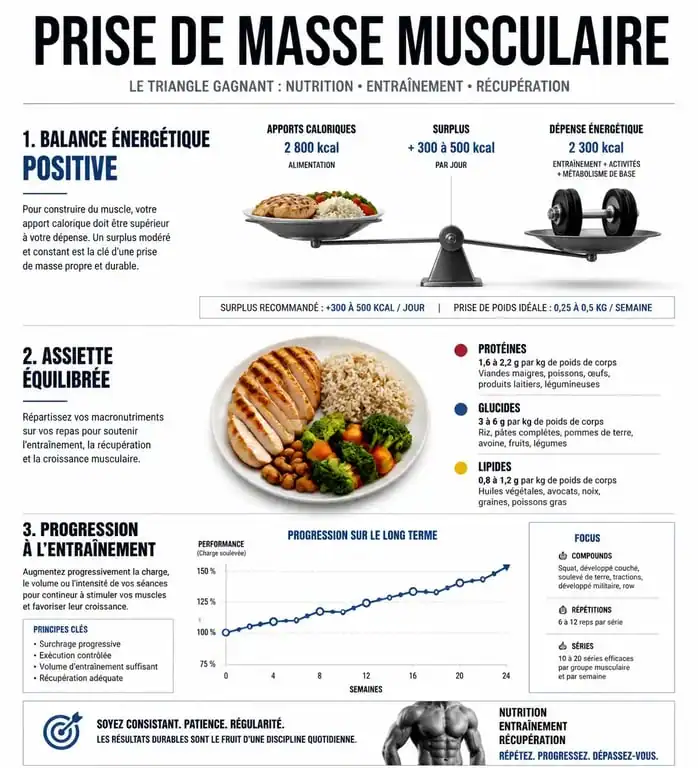 Infographie sur les principes de la prise de masse musculaire : nutrition et entraînement