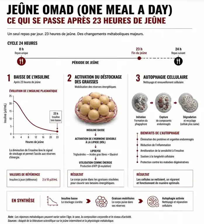 Infographie explicative du fonctionnement métabolique du régime OMAD et perte de poids associée