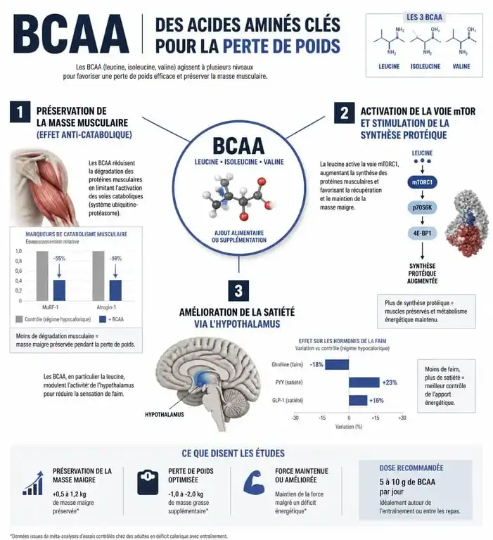 Infographie explicative sur les bienfaits des BCAA pour la perte de poids et la préservation musculaire