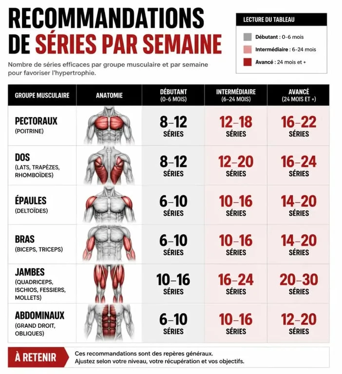 Infographie des recommandations de séries par muscle par semaine pour optimiser la musculation