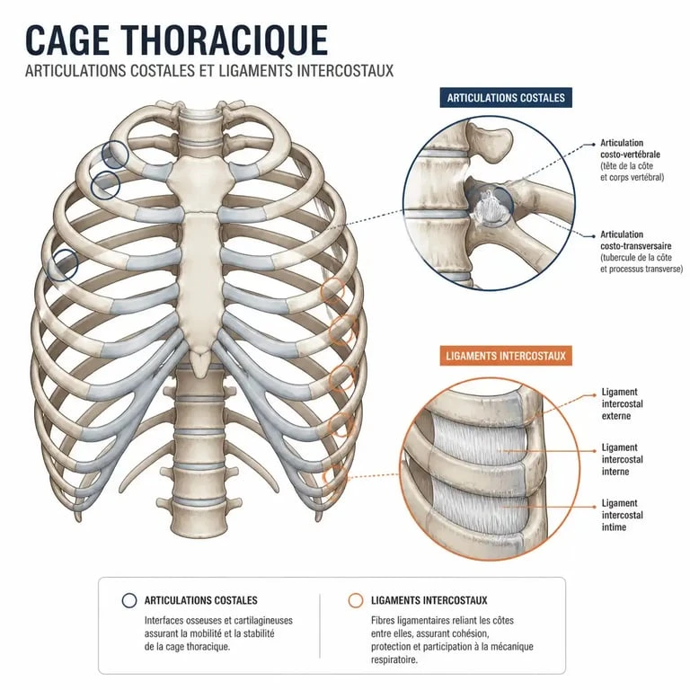 Schéma anatomique des côtes et ligaments pour comprendre l'entorse costale et sa durée de guérison