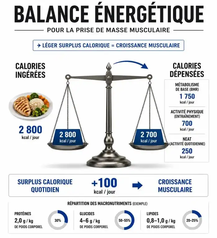 Infographie expliquant le calcul des calories pour la prise de masse musculaire et le surplus calorique