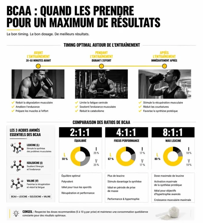 Infographie sur le timing et les ratios des BCAA pour la musculation et la récupération