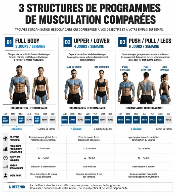 Infographie des structures de programme musculation pour une semaine : Full Body, Upper/Lower et Push/Pull/Legs