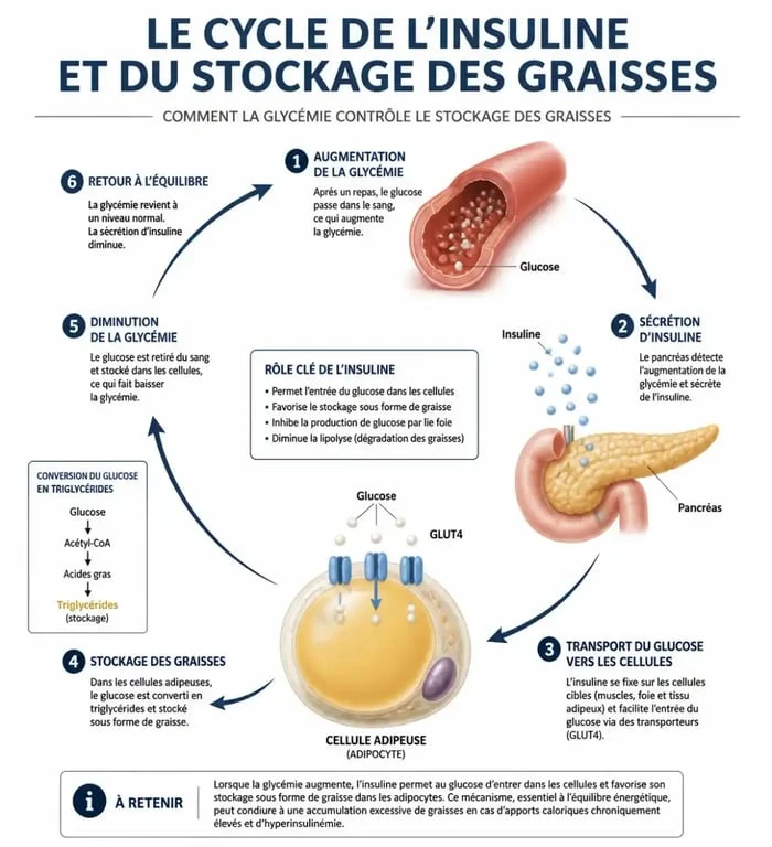 Schéma explicatif du lien entre glycémie, insuline et perte de poids