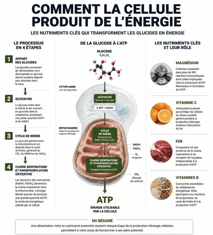 Infographie sur les nutriments et les aliments qui donnent de l'énergie rapidement pour booster la vitalité
