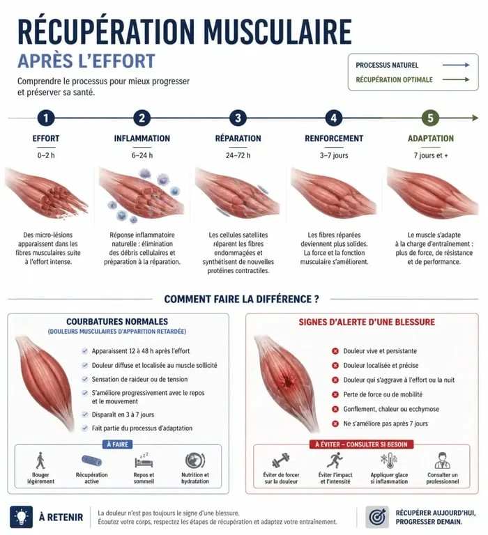 Schéma explicatif des courbatures après musculation : saines vs signaux d'alerte