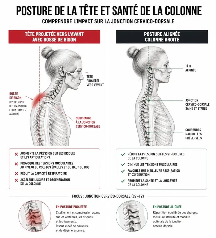 Schéma explicatif de la posture et de la bosse de bison pour comprendre l'alignement cervical