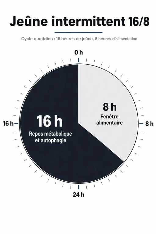 Schéma explicatif du fonctionnement du jeûne intermittent 16/8 pour comprendre comment faire le jeûne intermittent