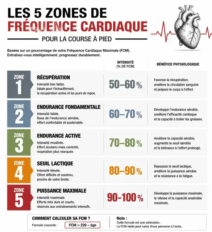 Infographie des 5 zones de fréquence cardiaque pour la course à pied et le bpm