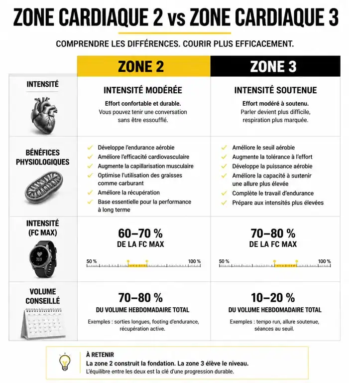 Infographie comparative des zones d'endurance fondamentale zone 2 et zone 3 pour la course à pied