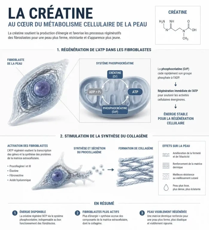 Schéma scientifique illustrant les effets de la créatine sur la santé de la peau et la synthèse du collagène