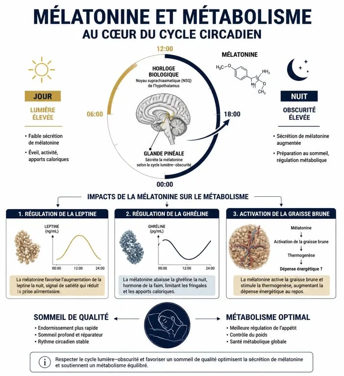 Infographie expliquant les effets de la mélatonine sur le métabolisme et la gestion du poids