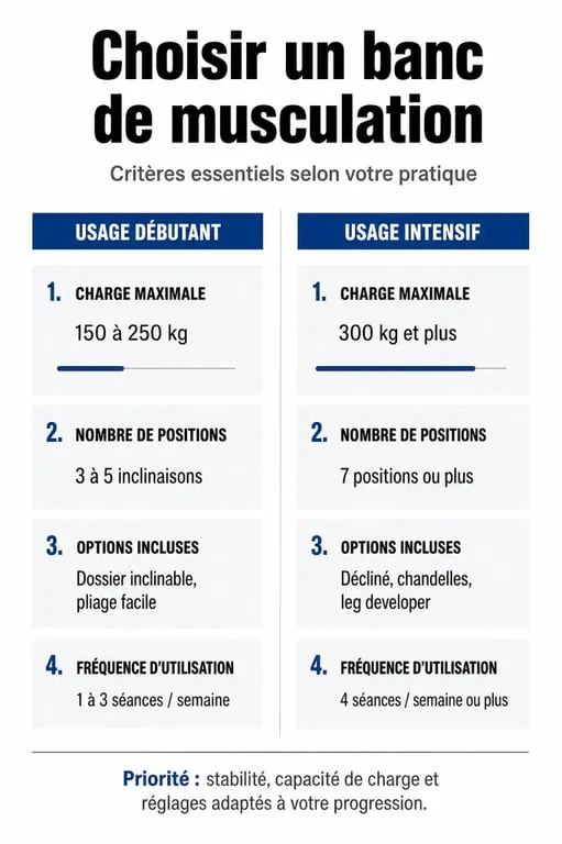 Infographie comparative des critères de choix pour un banc de musculation avec poids : débutant vs intensif