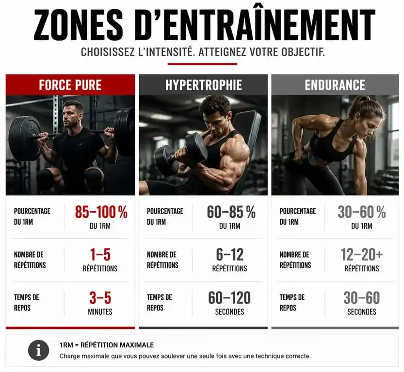Infographie des zones d'entraînement pour gagner en force musculation : intensité, répétitions et temps de repos