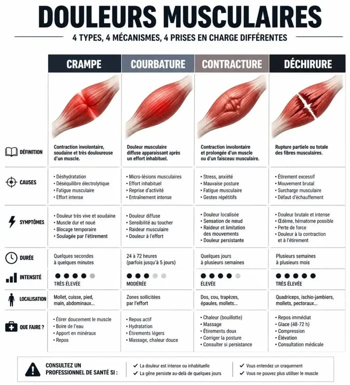 Infographie comparative des douleurs musculaires : crampe, courbature, contracture au mollet et déchirure
