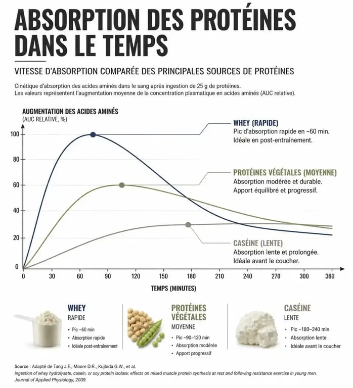 Infographie sur le timing de prise de protéines : vitesse d'absorption de la whey, des protéines végétales et de la caséine pour optimiser la synthèse protéique.