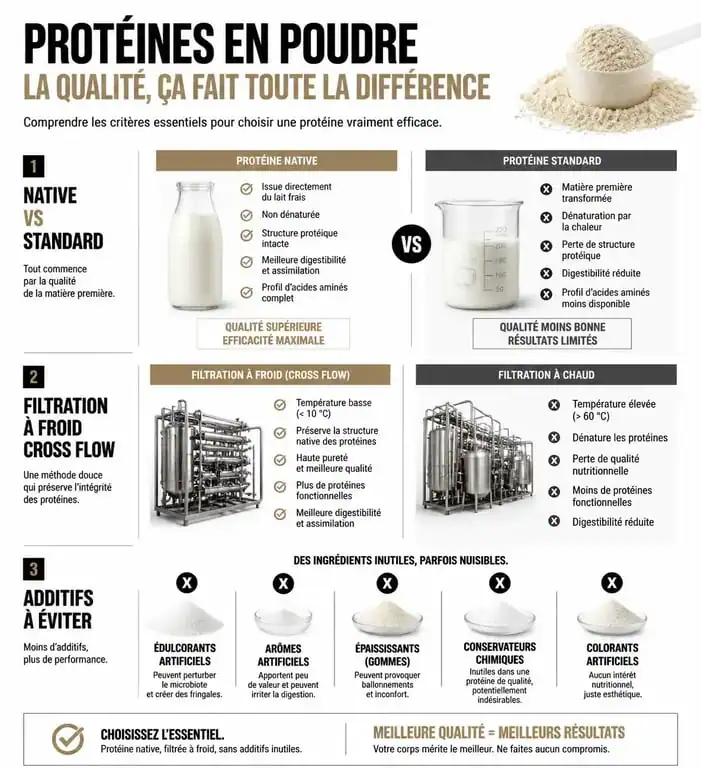 Infographie comparative des critères de qualité pour choisir la meilleure marque de protéine en poudre