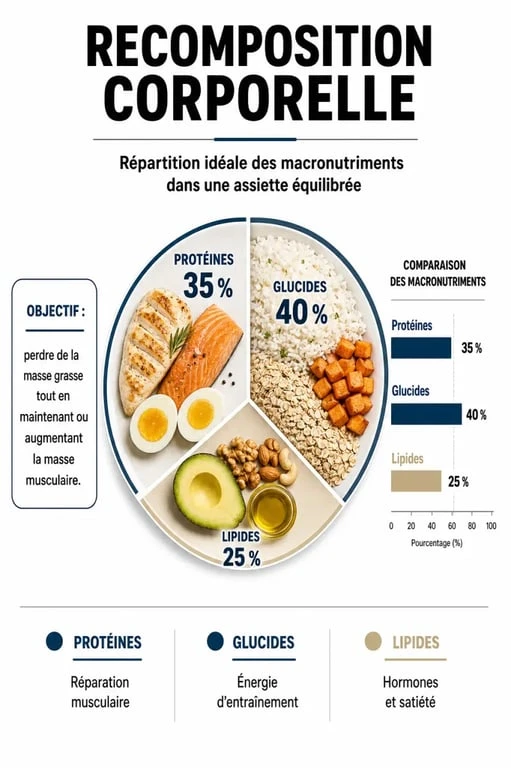 Infographie sur l'alimentation pour prendre du muscle et perdre de la graisse avec répartition des macronutriments