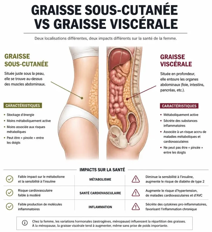 Schéma illustrant la différence entre graisse sous-cutanée et graisse viscérale pour perdre du ventre après 50 ans