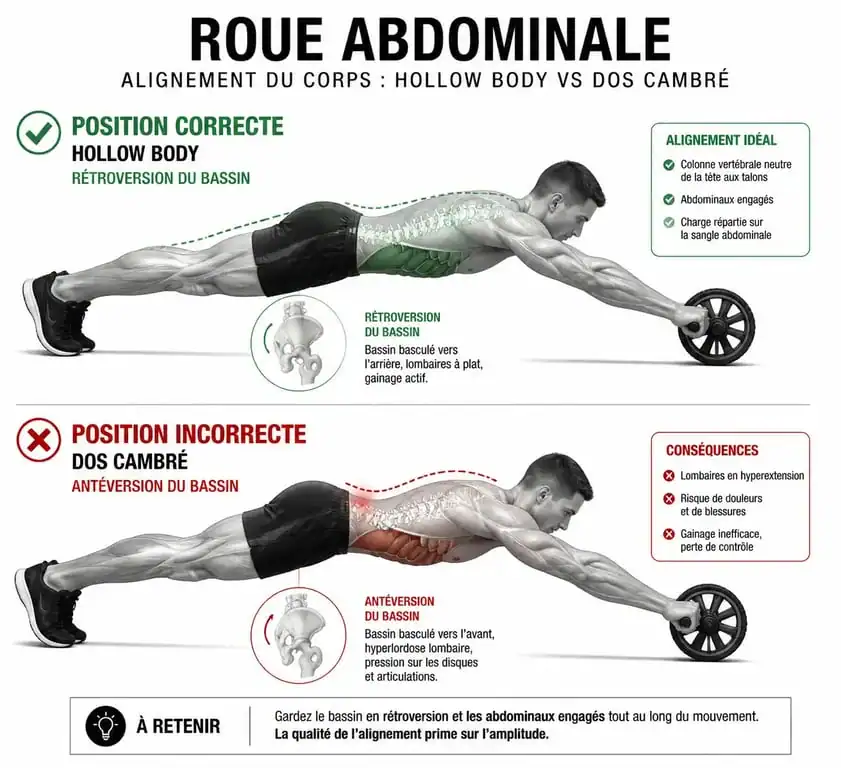 Comparaison technique de la position du dos avec une roue abdominale pour éviter les douleurs lombaires