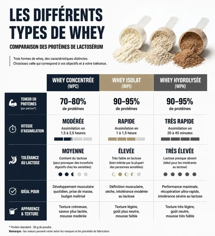 Comparatif des types de whey : concentrée, isolat et native pour choisir sa protéine