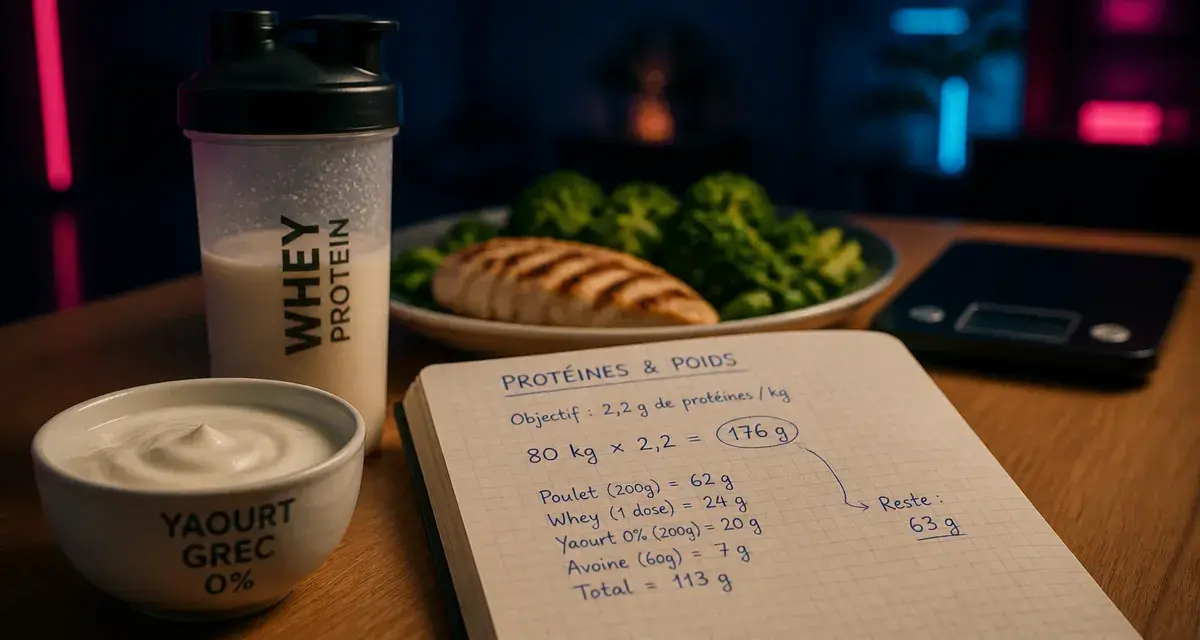 Les proteines font elles grossir : whey et yaourt grec sur table, calcul calories et poids